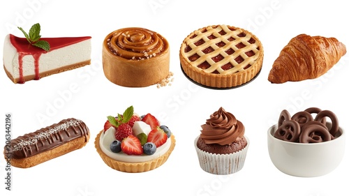 Assorted baked desserts cheesecake cinnamon roll pie croissant éclair tart cupcake chocolate curls sweet pastry food photography