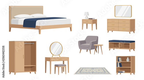 Modern Bedroom Furniture Set Illustration: Bed, Wardrobe, Dresser, Armchair, Vanity