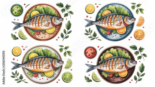 Cooked whole fish with citrus herb garnish served on assorted plates seafood cuisine colorful presentation food photography