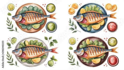 Cooked fish with lemon lime garnish served on assorted plates seafood cuisine colorful presentation traditional meal food photography