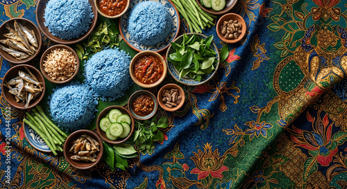 Flat lay of Nasi Kerabu ingredients on Batik fabric