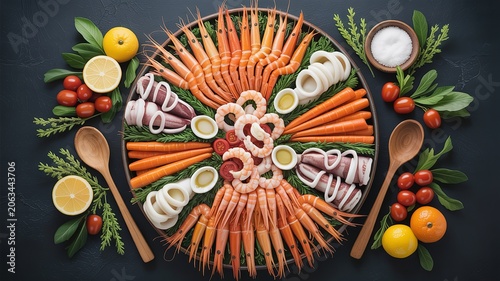 Seafood platter with squid shrimp lemon tomato carrot lime garnish arranged in circular pattern gourmet cuisine food photography