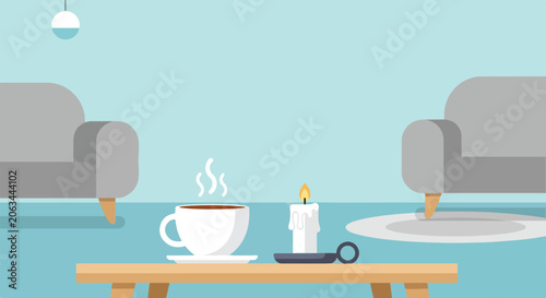 Foto A minimalist illustration of a living room featuring a steaming cup of coffee and a lit candle on a table with two gray armchairs