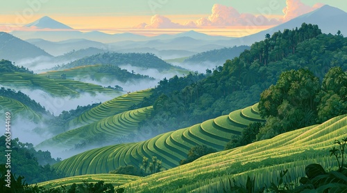Lush terraced rice fields in misty mountains at sunrise