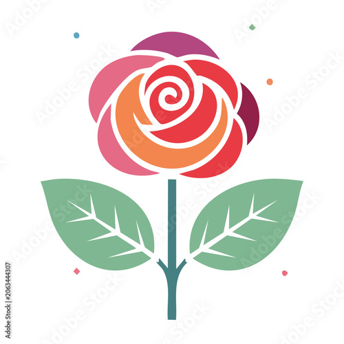 Flat design rose flower icon with leaves