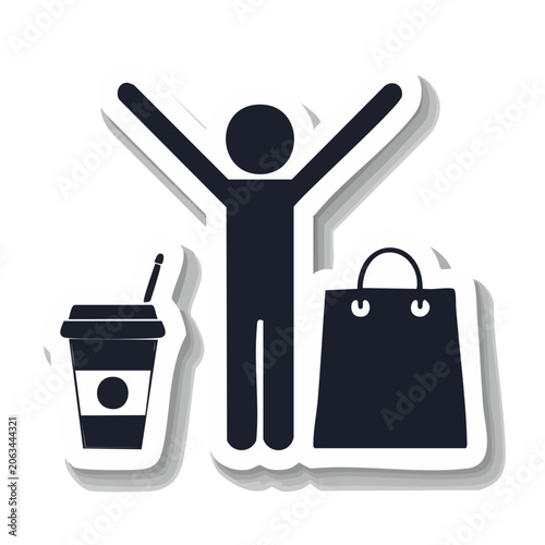 Flat icon of person with shopping bag and coffee cup