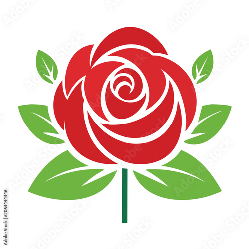 Red rose icon with green leaves on transparent background
