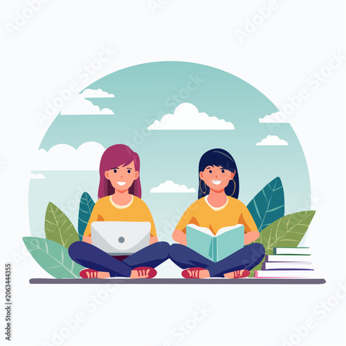 Two young women studying outdoors with books and laptop