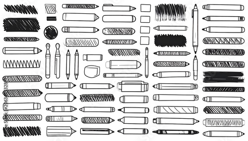 Black and white illustration of various drawing tools with scribbles and strokes