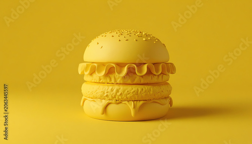 3d printing food concept, abstract fake yellow hamburger, junk food creative banner, 3d illustration. 
