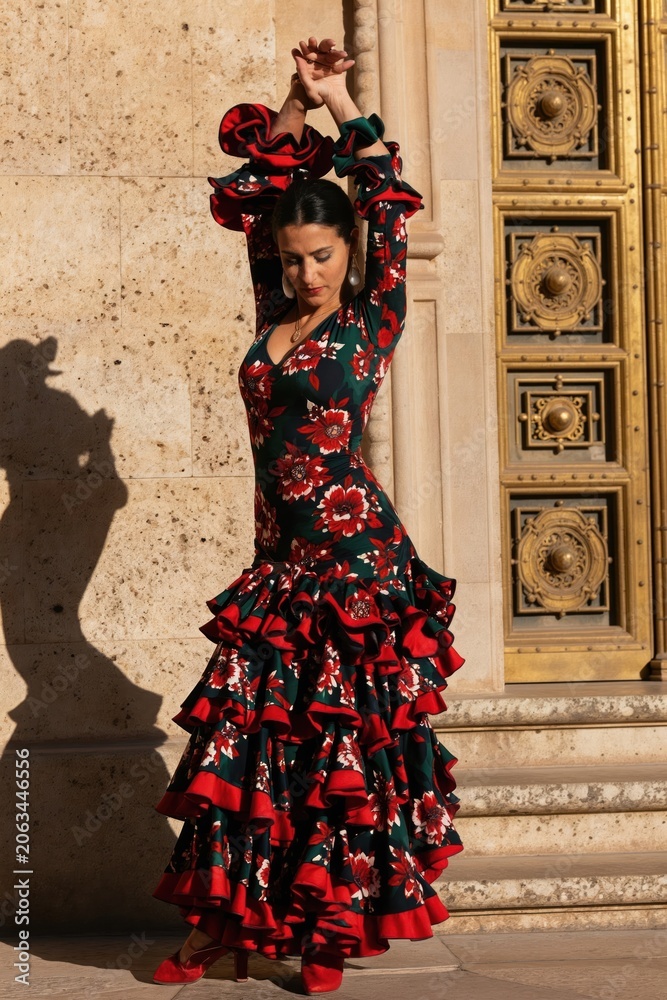Obraz premium Young woman dances flamenco outdoors near ornate building. Her ruffled dress flows with vibrant floral patterns. She moves with passion and grace.