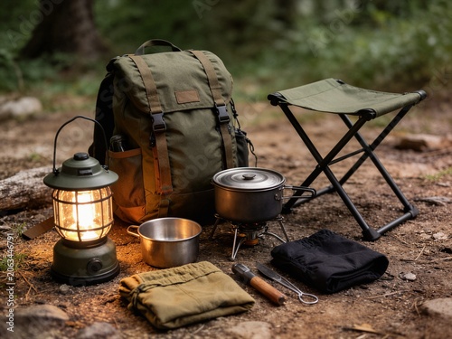 Camping equipment set with backpack lantern and stool on ground ideal for outdoor adventure gear catalog and retail advertising