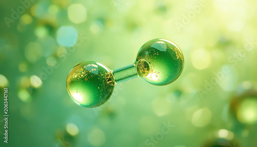 Green Hydrogen H2 gas molecule. Production of green hydrogen energy powered by renewable electricity, sustainable alternative clean hydrogen H2 eco energy, the fuel of th future industry 3D background