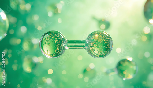 Green Hydrogen H2 gas molecule. Production of green hydrogen energy powered by renewable electricity, sustainable alternative clean hydrogen H2 eco energy, the fuel of th future industry 3D background