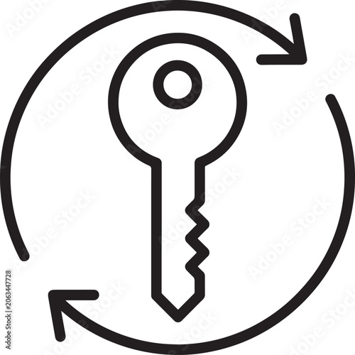 A single outlined key icon encircled by two curved arrows on a plain white background