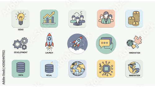 Business icons for technology and communication.