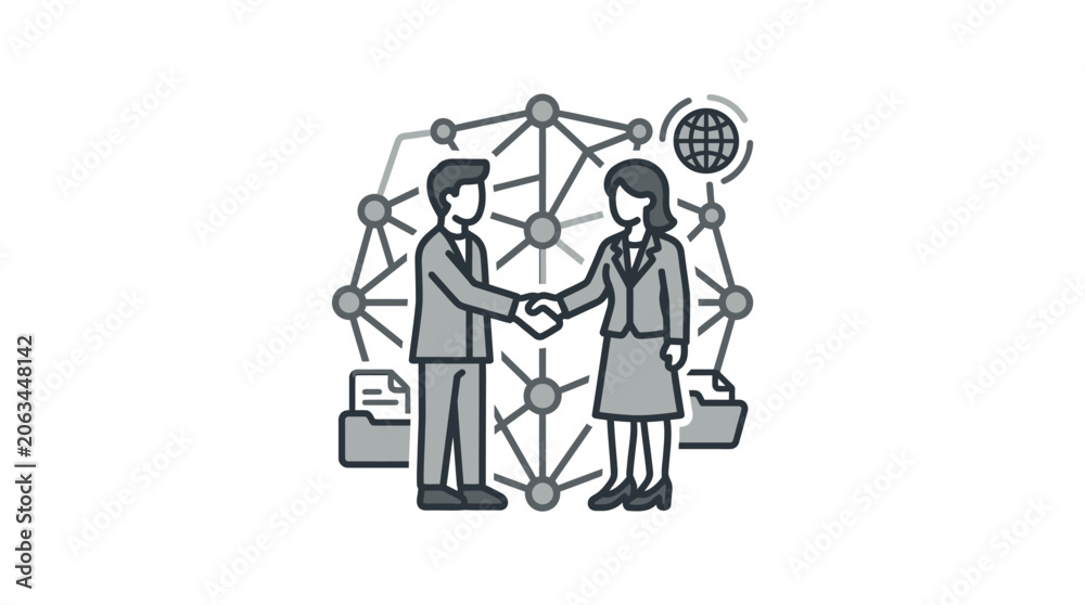 Obraz premium Business partners shaking hands over global network node background.