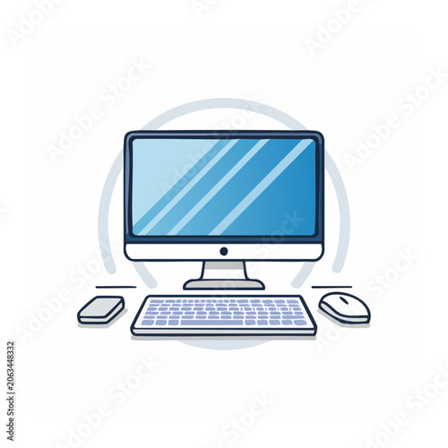 Flat design 3D render of computer monitor and keyboard