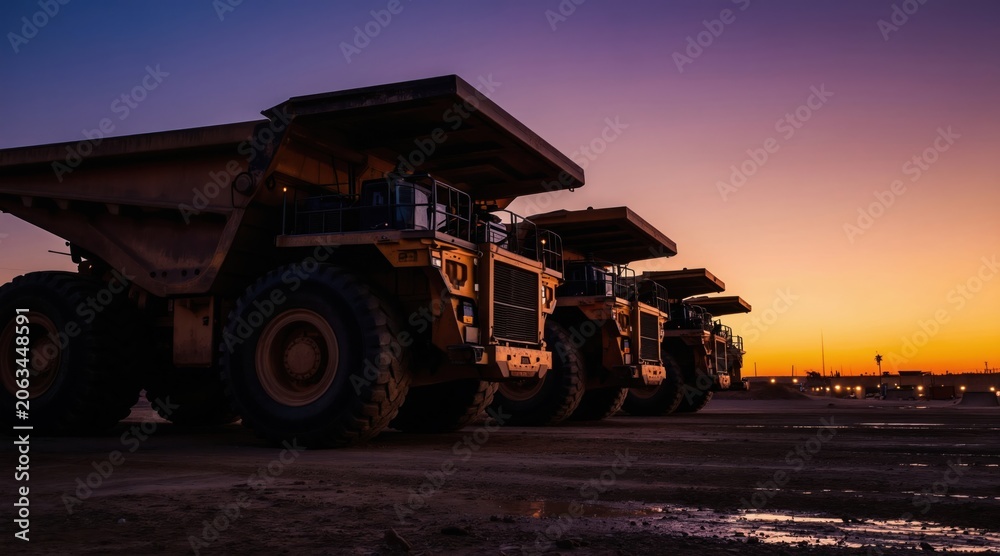 Fototapeta premium Huge mining trucks line up at dusk on a dirt road. Massive yellow construction vehicles await work under an orange sky. Giant wheels and heavy metal chassis suggest industrial power.
