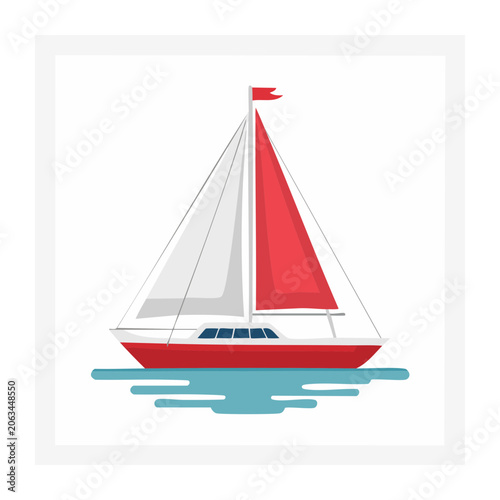 Minimalist red and white sailboat with flag