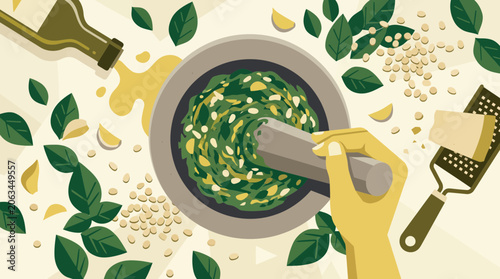 Obraz na plátně Flat vector illustration of pesto preparation with mortar and pestle crushing basil, garlic and pine nuts