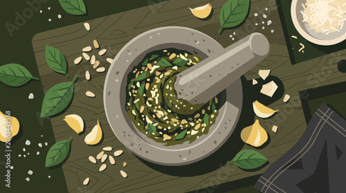 Obraz na plátně Flat vector illustration of pesto preparation with mortar and pestle crushing basil, garlic and pine nuts