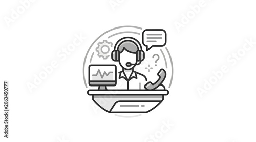 Customer service representative with headset and communication icons.
