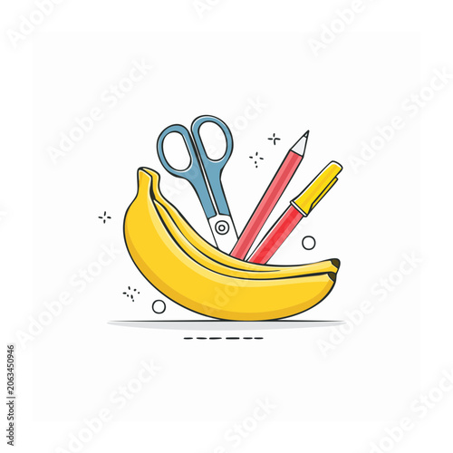 Banana with Scissors, Pencil, and Highlighter Flat Illustration