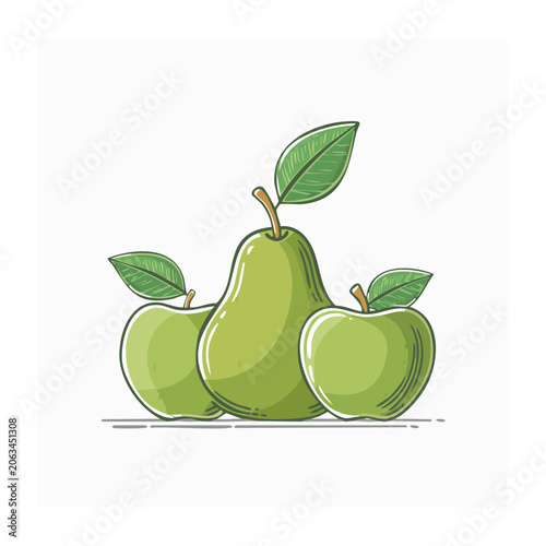 Green pear and apples with leaves illustration