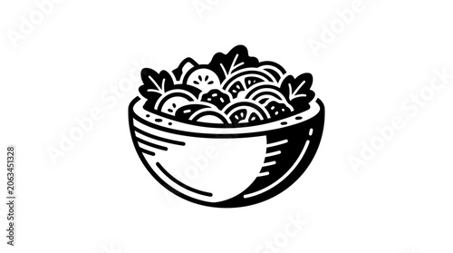 Fotografie Fresh Salad Bowl Icon: Healthy Food, Organic Ingredients, Simple Line Art