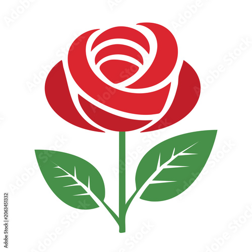 Red rose icon with green leaves on transparent background