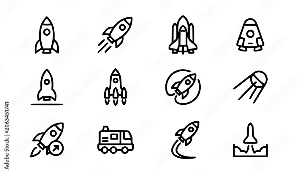 Fototapeta premium Rocket Icon Collection Simple Outline Spacecraft Launch Symbol Set Vector Illustration