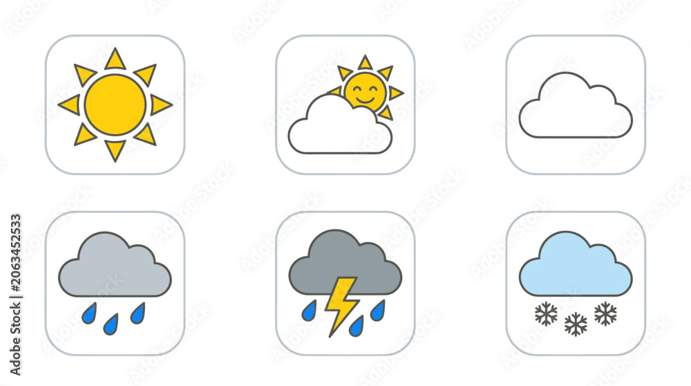 Obraz premium Weather Icons Set: Sun, Clouds, Rain, Thunderstorm, Snow