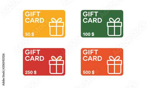 Gift card with dollar bonus isolated on white background, customer reward and loyalty program concept featuring 50, 100, 250 and 500 dollar bonus cards for shopping promotion marketing campaign and mo