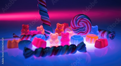 Vibrant and Colorful Candy Assortment Illuminated with Neon Lighting.