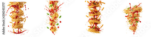 Floating pasta with tomato sauce and basil on black background