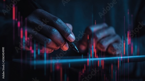 Close up view of a person's hands holding a stylus and using a digital tablet in a dark environment