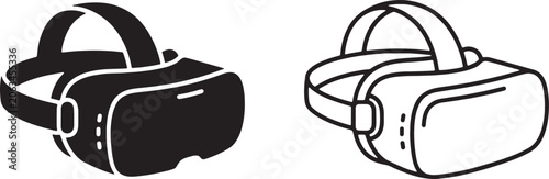 Art & Illustration, Solid black and hollow outline virtual reality headset line art icons set for immersive gaming accessories and spatial metaverse simulator devices