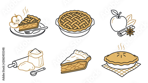 Apple Pie Icons: Slices, Whole Pies, Ingredients & Baking Tools