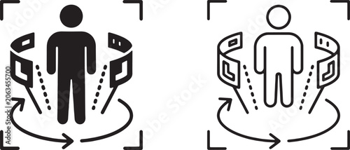 Art & Illustration, Human avatars surrounded by floating interactive virtual interface data rings linear technical icons set for cyber virtual reality training simulations