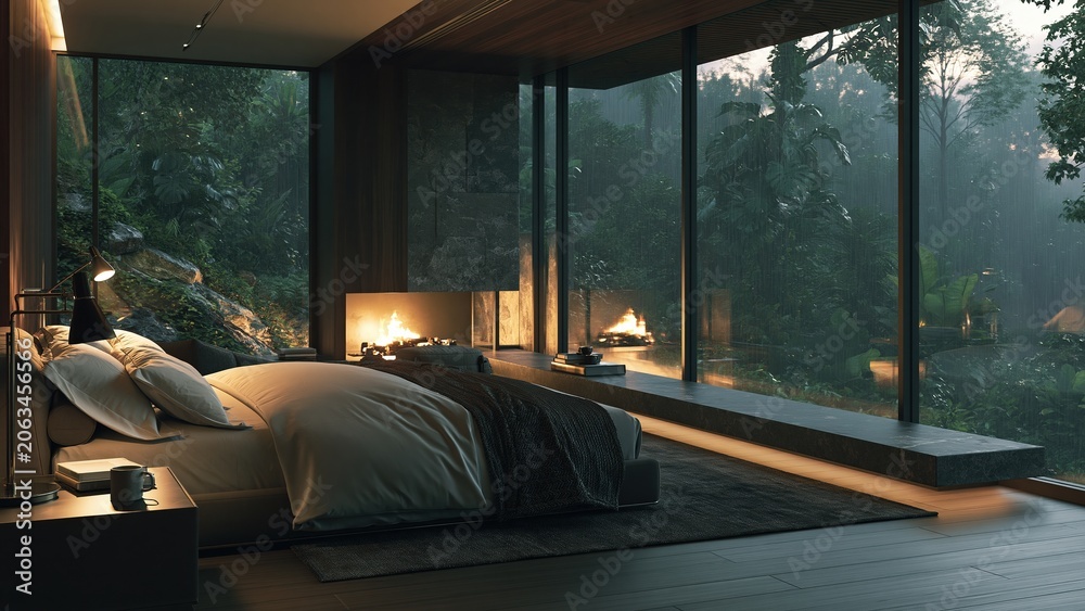Naklejka premium Modern minimalist bedroom with large glass windows and warm fireplace
