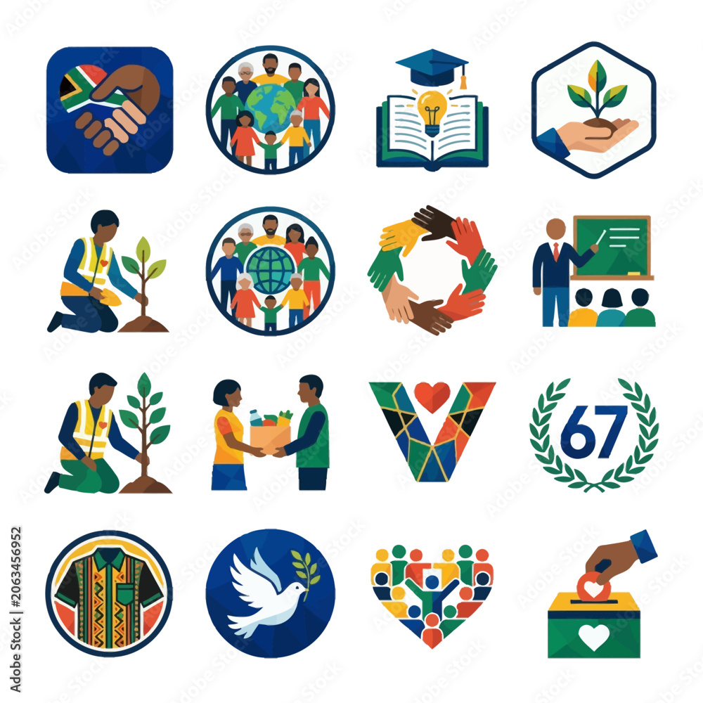 Fototapeta premium Nelson Mandela Day Community Development and Social Impact Icons Featuring Education Equality and Volunteerism
