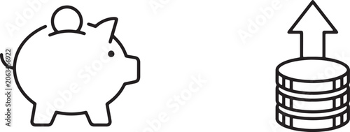 Quadro su tela Print, Coin piggy bank and upward financial arrow elevating coin stack line icon