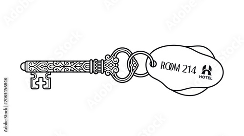 Vintage Hotel Key with Room 214 Tag - Ornate Skeleton Key Illustration