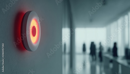Circular wall-mounted device with glowing red and yellow light ring in hallway
