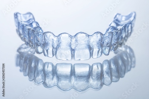 Clear dental aligner tray for teeth straightening floating above its mirror reflection on a soft blue gradient surface