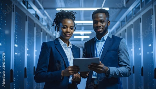 It Professionals Reviewing Data on Tablet in Server Room