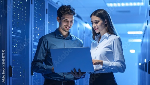 It Professionals Analyze Data on Laptop in Server Room