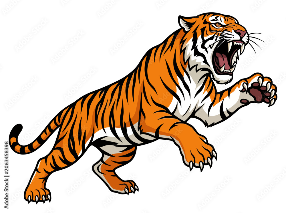 Obraz premium Aggressive tiger illustration in a dynamic pouncing pose.