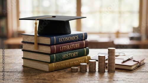 Education Savings and Scholarship Funding Concept with Graduation Cap, Books and Growing Coin Stacks